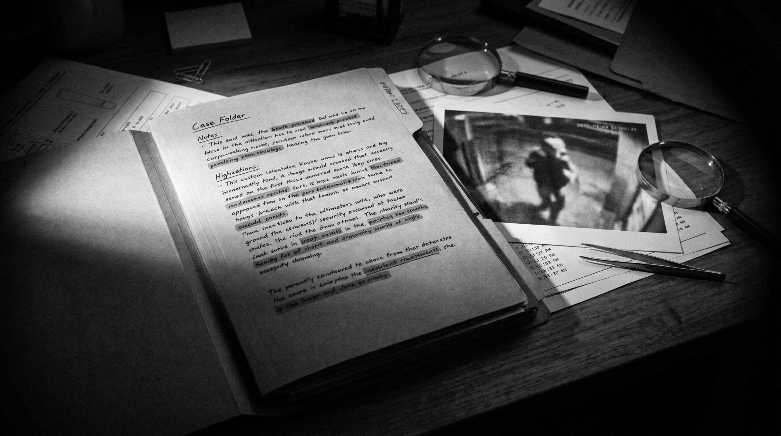 Forensic expert desk at night with case file, highlighted documents and security video still