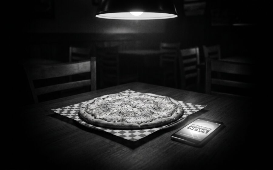 Cold pizza and smartphone with breaking-news alert in a darkened Italian restaurant, black and white.