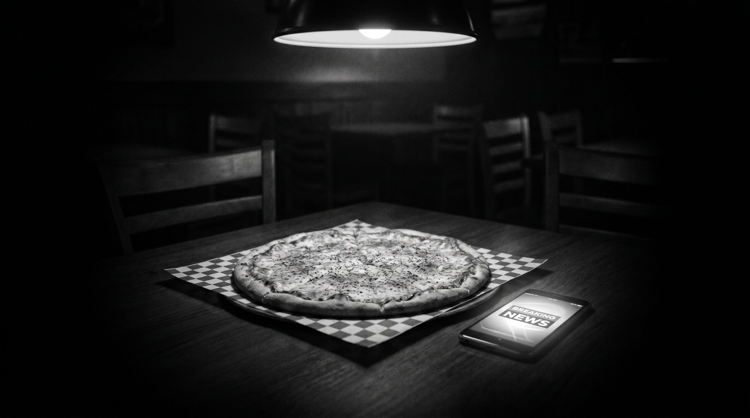 Cold pizza and smartphone with breaking-news alert in a darkened Italian restaurant, black and white.