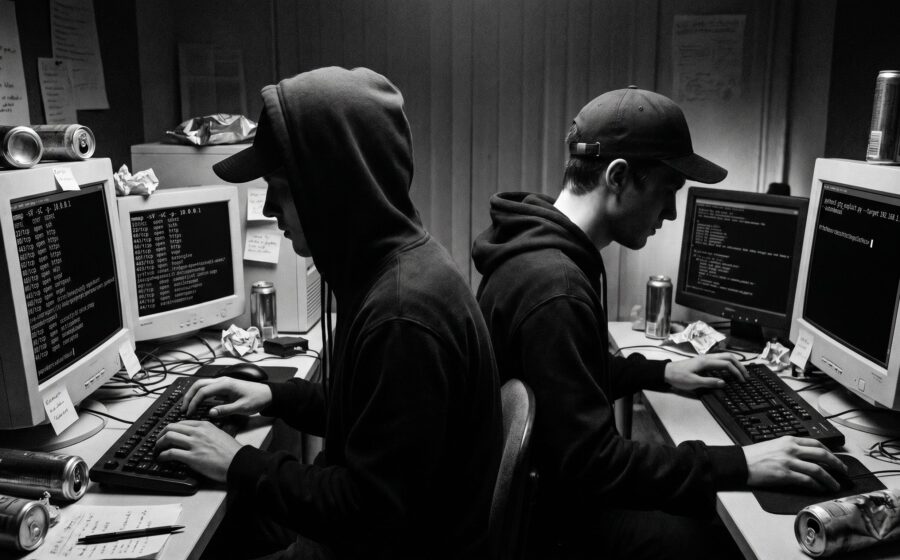 Junge Hacker im dunklen Büro mit Terminals, Energydrinks und Pizzakartons, symbolisch für autonome KI-Cyberangriffe