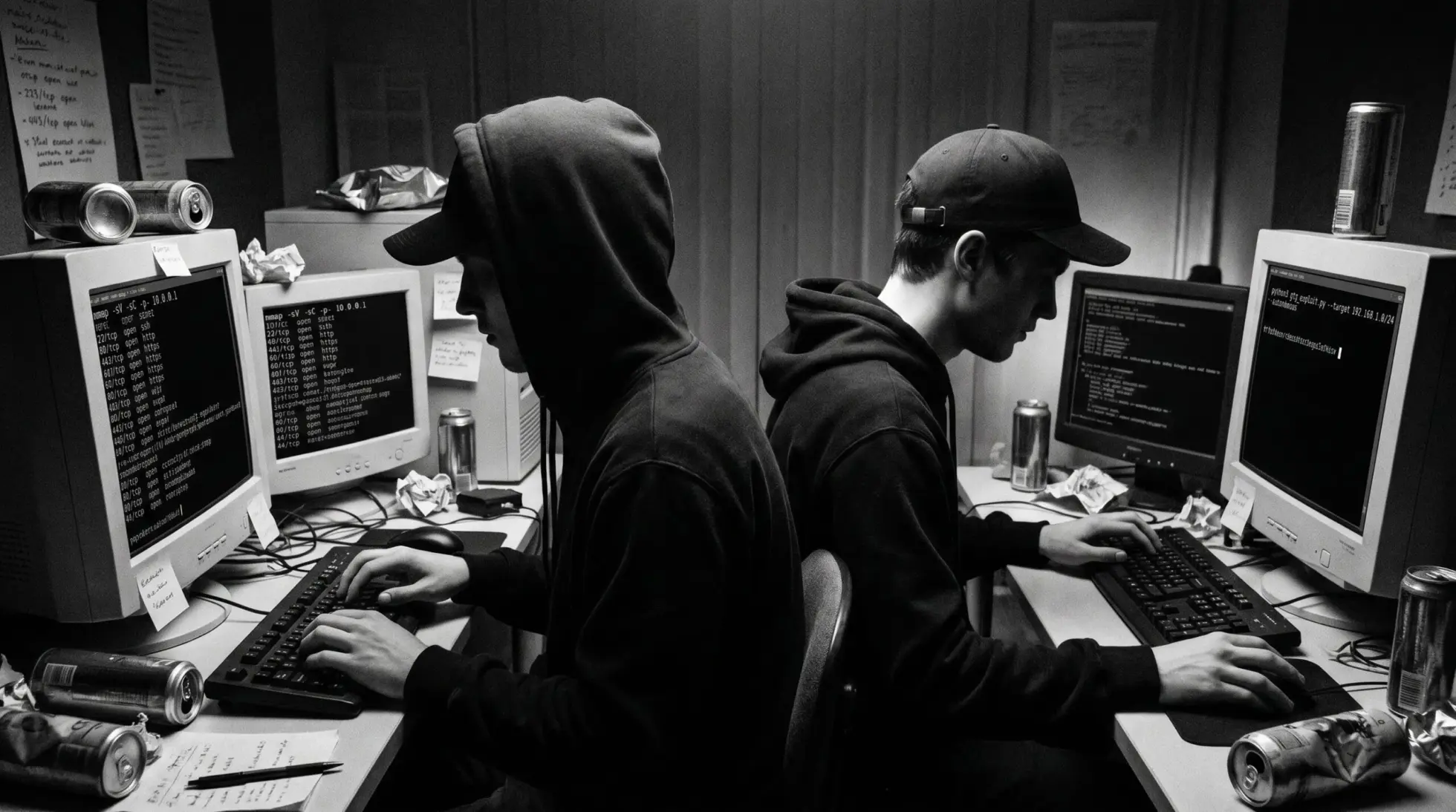 Two young men at monitors full of terminal output surrounded by energy drink cans, on the Mythos claim and AI cyberattacks