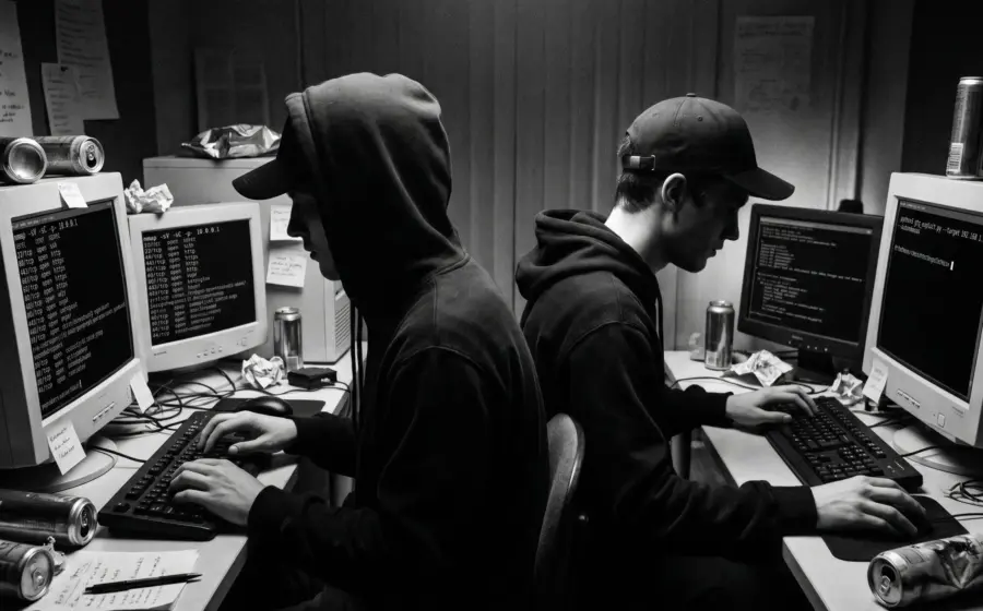 Two young men at monitors full of terminal output surrounded by energy drink cans, on the Mythos claim and AI cyberattacks