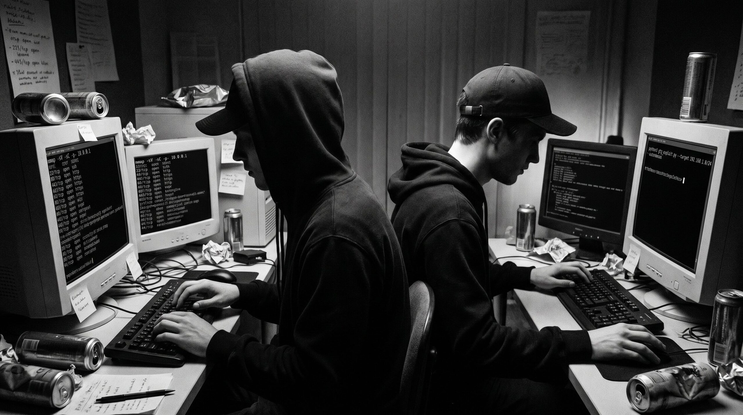 Junge Hacker im dunklen Büro mit Terminals, Energydrinks und Pizzakartons, symbolisch für autonome KI-Cyberangriffe