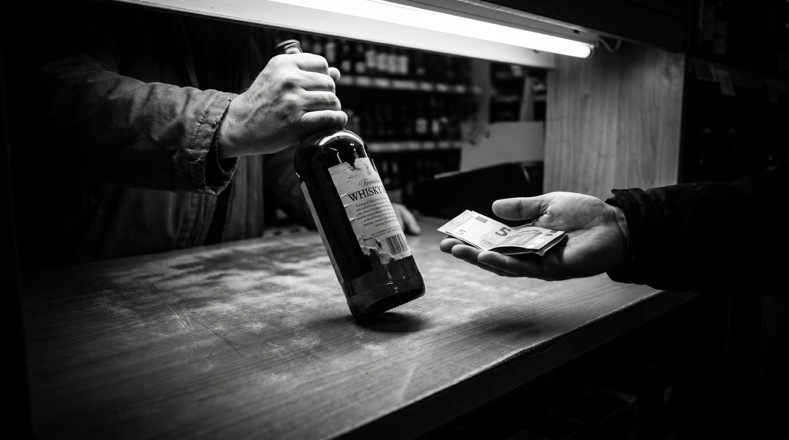 Hands exchanging a whisky bottle for cash at a liquor store counter