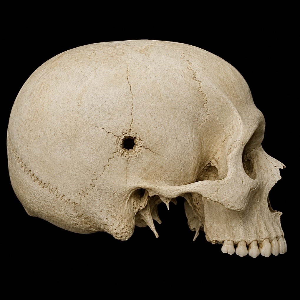 Lateral view of a human skull with a gunshot defect at the os parietale. Central channel approximately 7 to 8 mm, with radiating fracture lines extending several centimeters.