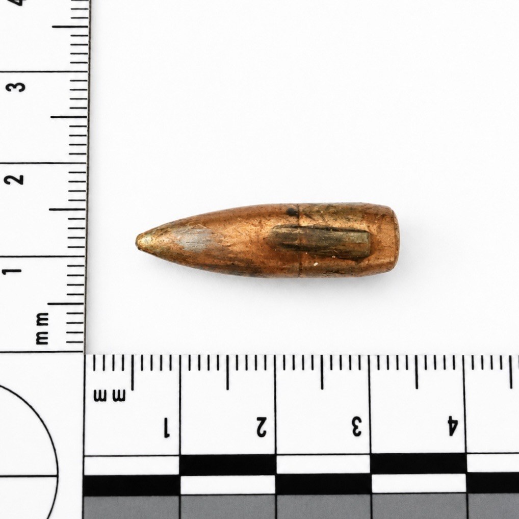 .223 Remington (5.56×45mm NATO), full metal jacket projectile. ABFO forensic scale.