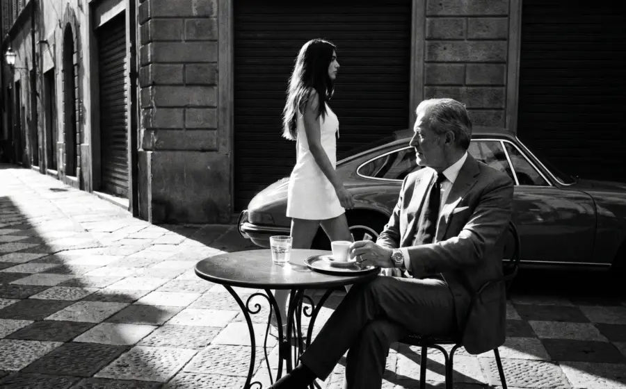 Älterer Mann mit Rolex am Café in italienischer Gasse, Ferrari vorne, junge brunette Frau im weißen Kleid geht vorbei, s/w.