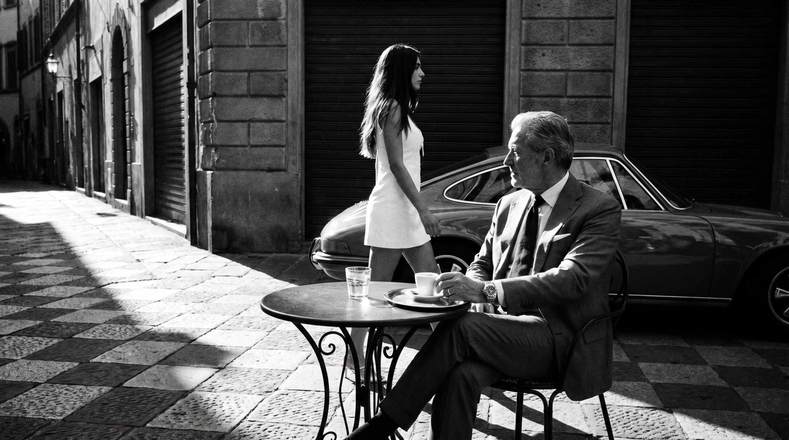 Älterer Mann mit Rolex am Café in italienischer Gasse, Ferrari vorne, junge brunette Frau im weißen Kleid geht vorbei, s/w.