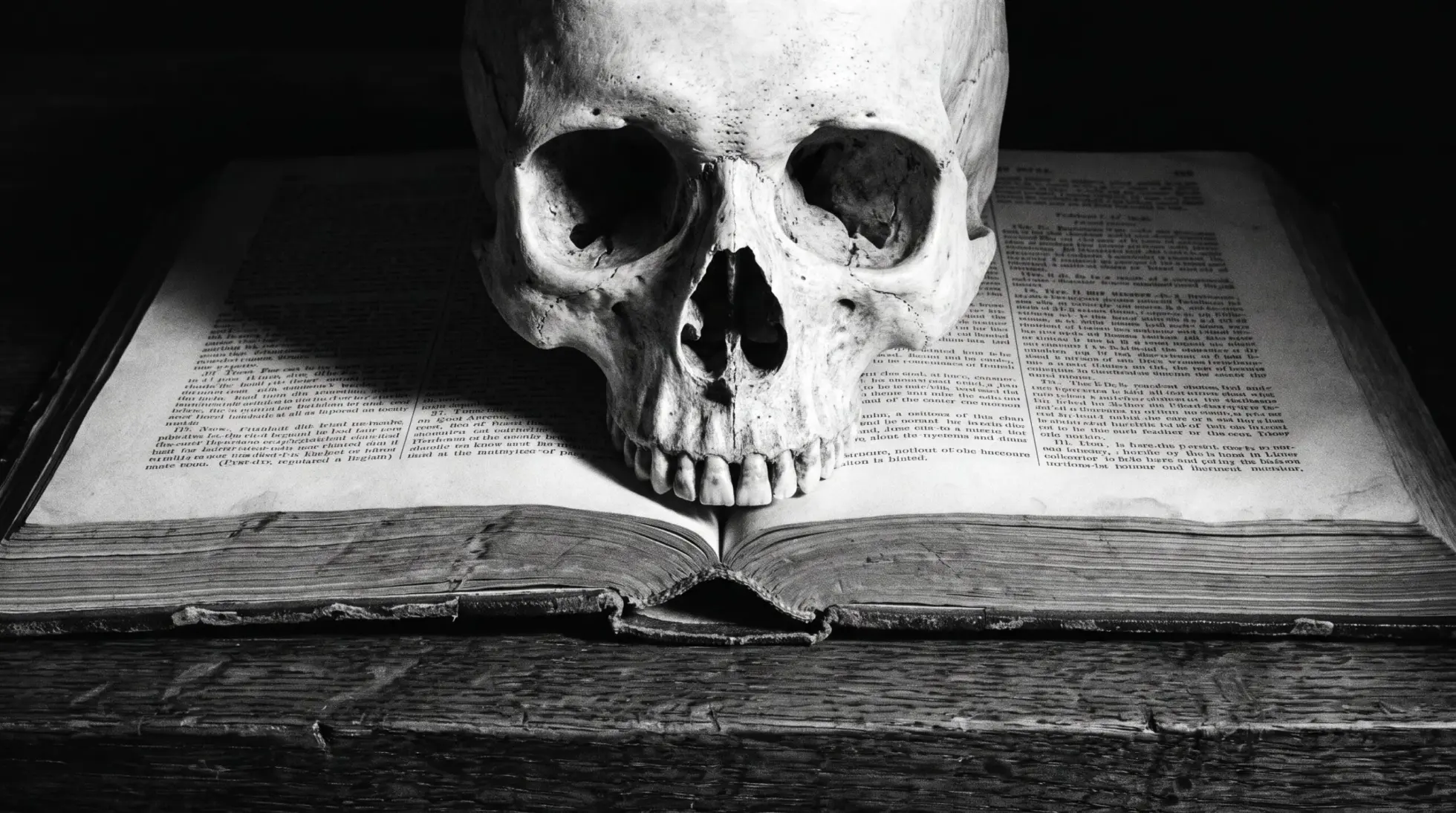 A weathered human skull resting on an open law book, on the legal conditions for owning a real human skull in Germany