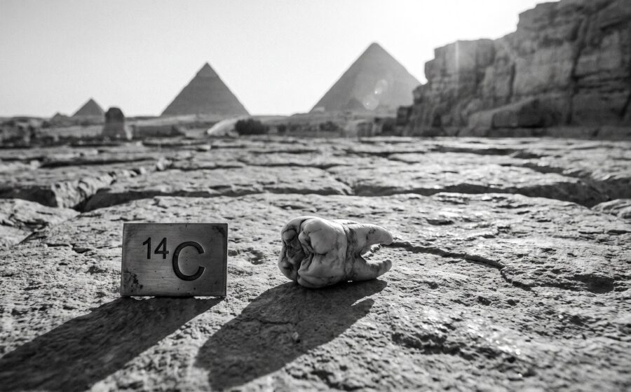 Black and white documentary photo of a human molar and engraved carbon-14 specimen tag before Egyptian pyramids