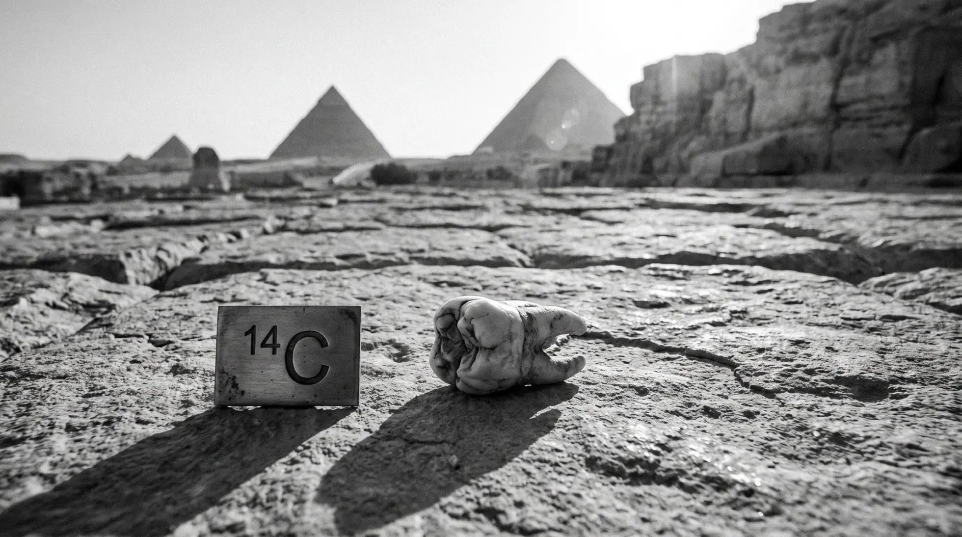 Black and white documentary photo of a human molar and engraved carbon-14 specimen tag before Egyptian pyramids