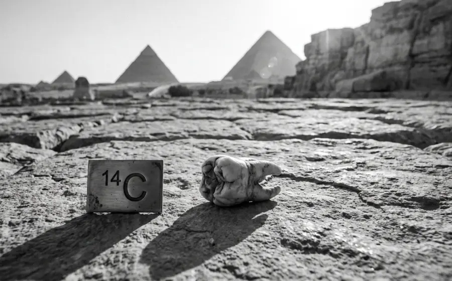 Black and white documentary photo of a human molar and engraved carbon-14 specimen tag before Egyptian pyramids