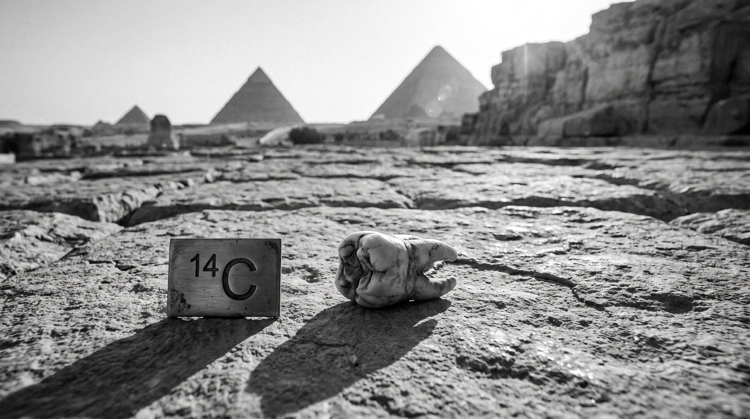 Black and white documentary photo of a human molar and engraved carbon-14 specimen tag before Egyptian pyramids