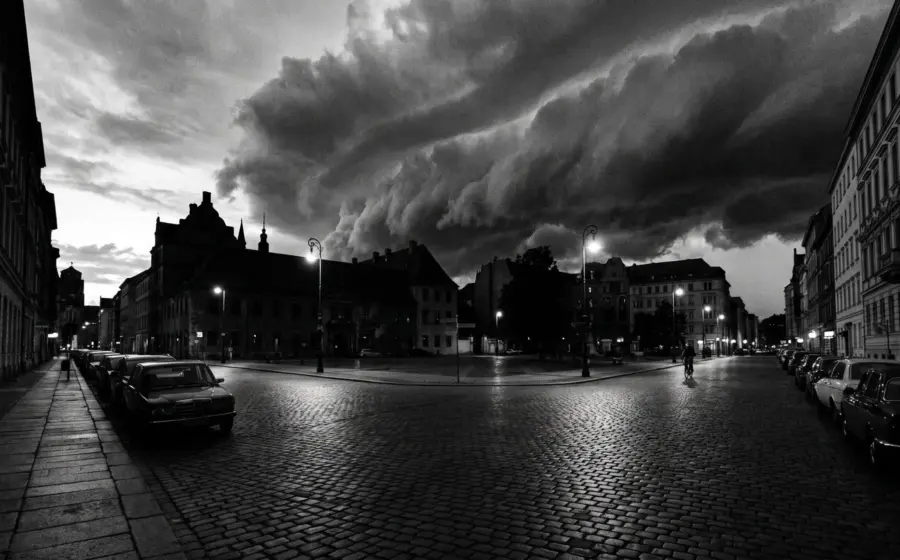 Approaching storm front over a quiet city street at dusk