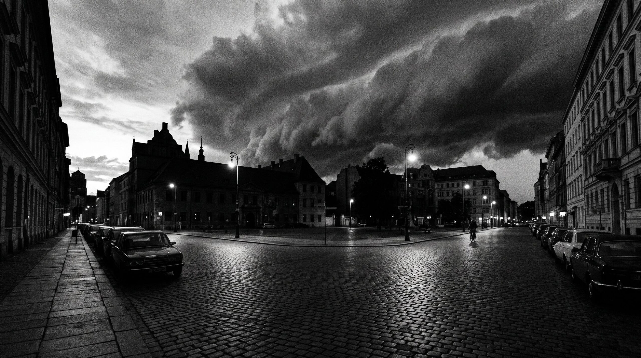 Approaching storm front over a quiet city street at dusk