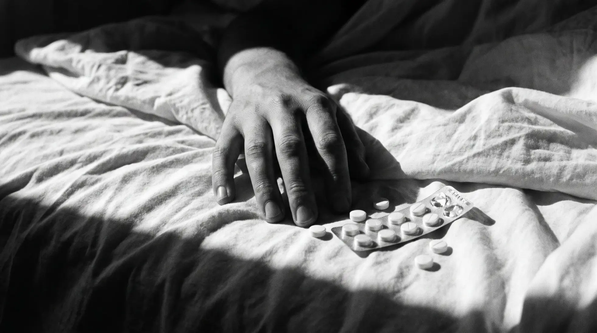 A hand resting on a bed sheet beside loose tablets and an opened blister pack, on the quiet calm that precedes a suicide