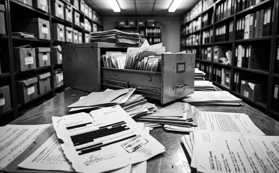 Open metal archive drawer with register files and redacted papers under harsh light