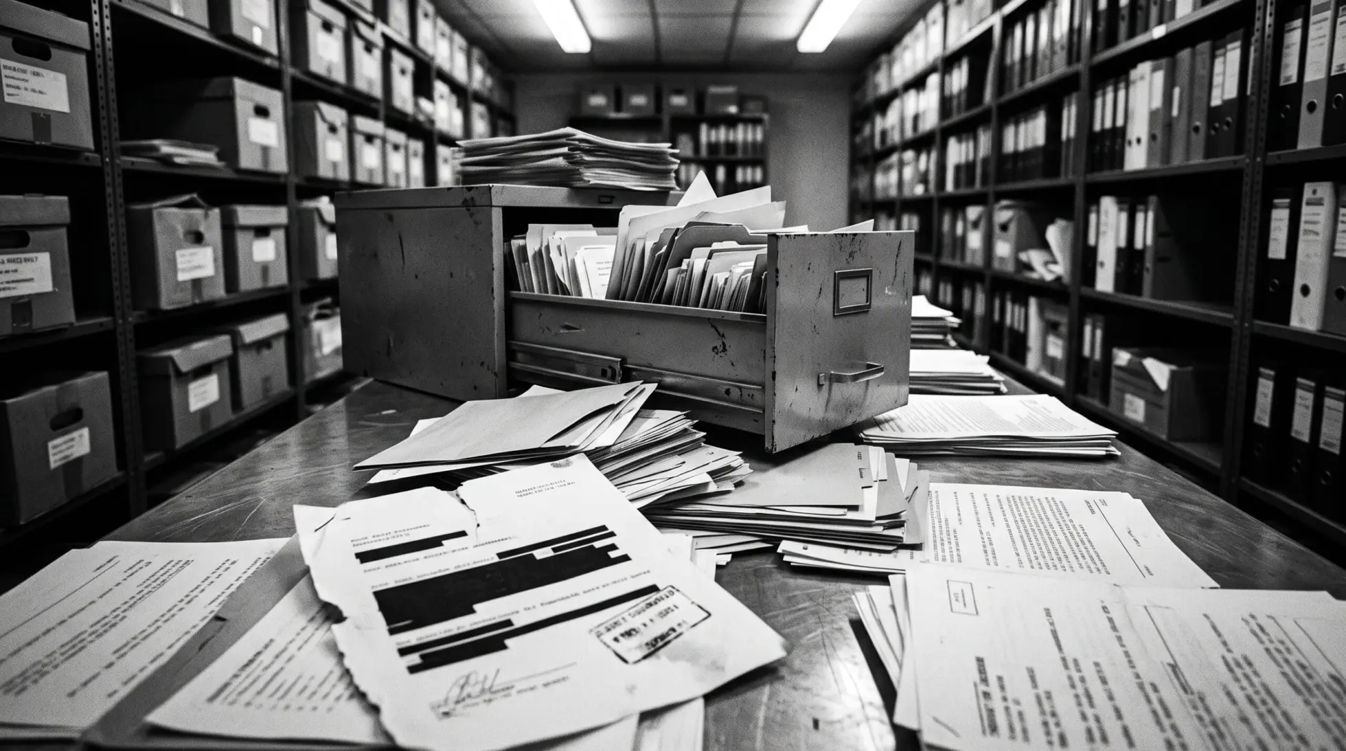 Open metal archive drawer with register files and redacted papers under harsh light