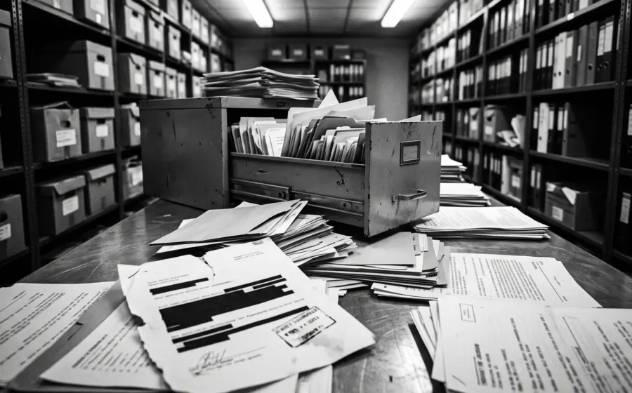 Open metal archive drawer with register files and redacted papers under harsh light