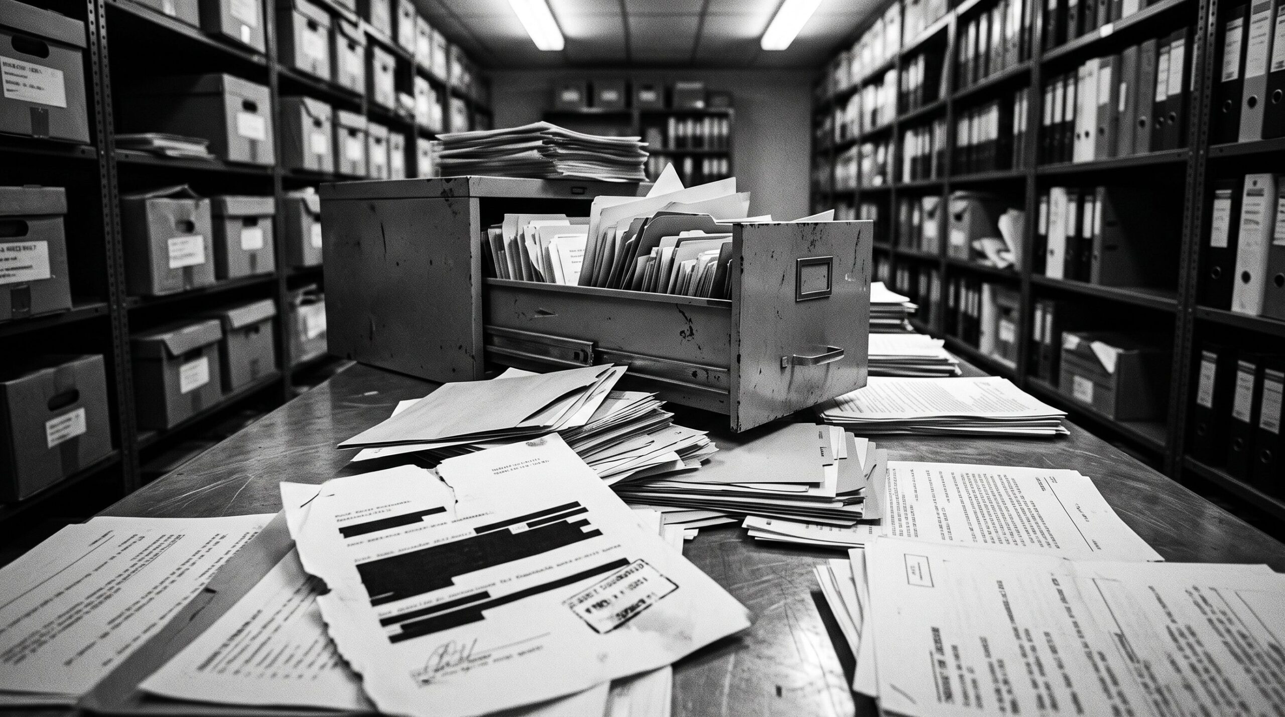Open metal archive drawer with register files and redacted papers under harsh light