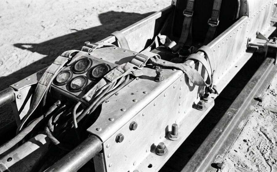1950s rocket sled on desert rails with analog strain gauges