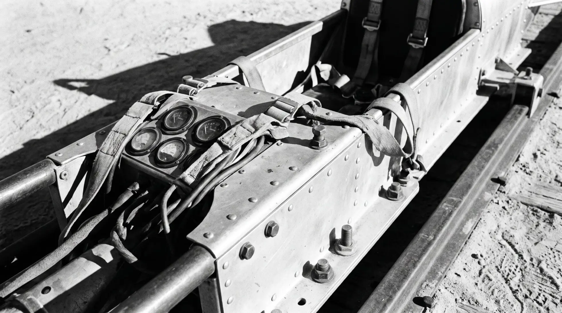 1950s rocket sled on desert rails with analog strain gauges