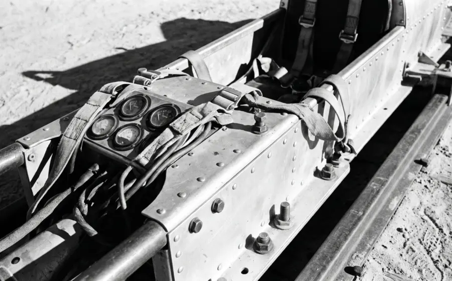 1950s rocket sled on desert rails with analog strain gauges