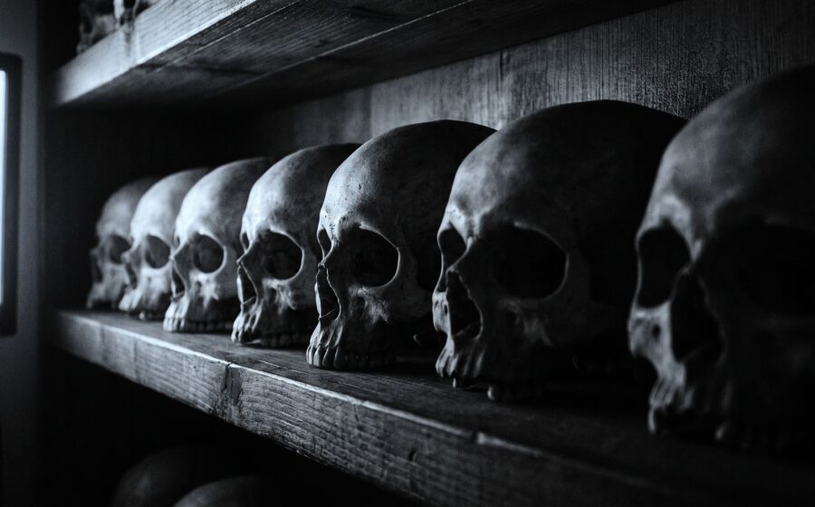 Black and white row of human skulls on a wooden shelf stretching edge to edge, faint screen glow from the left.