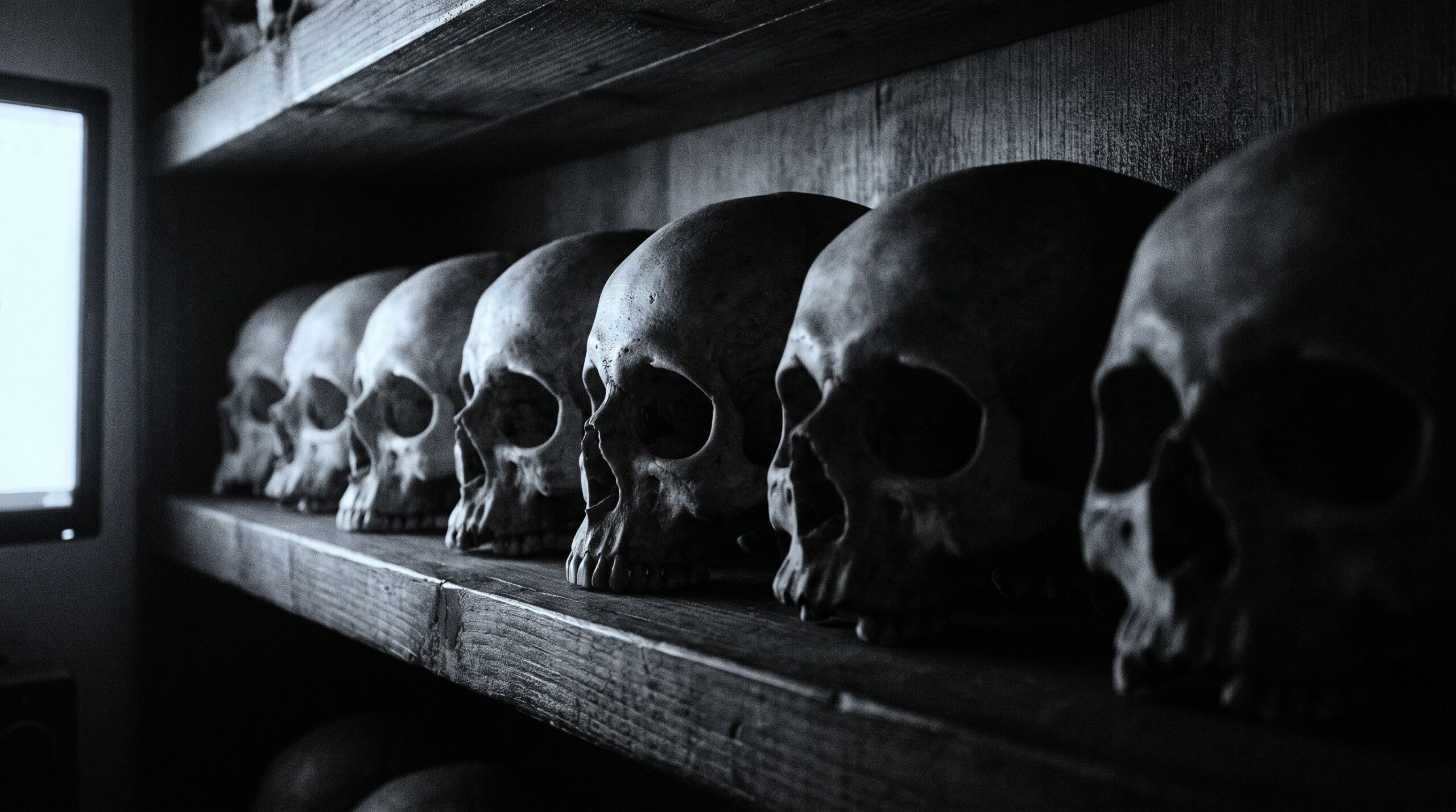 Black and white row of human skulls on a wooden shelf stretching edge to edge, faint screen glow from the left.