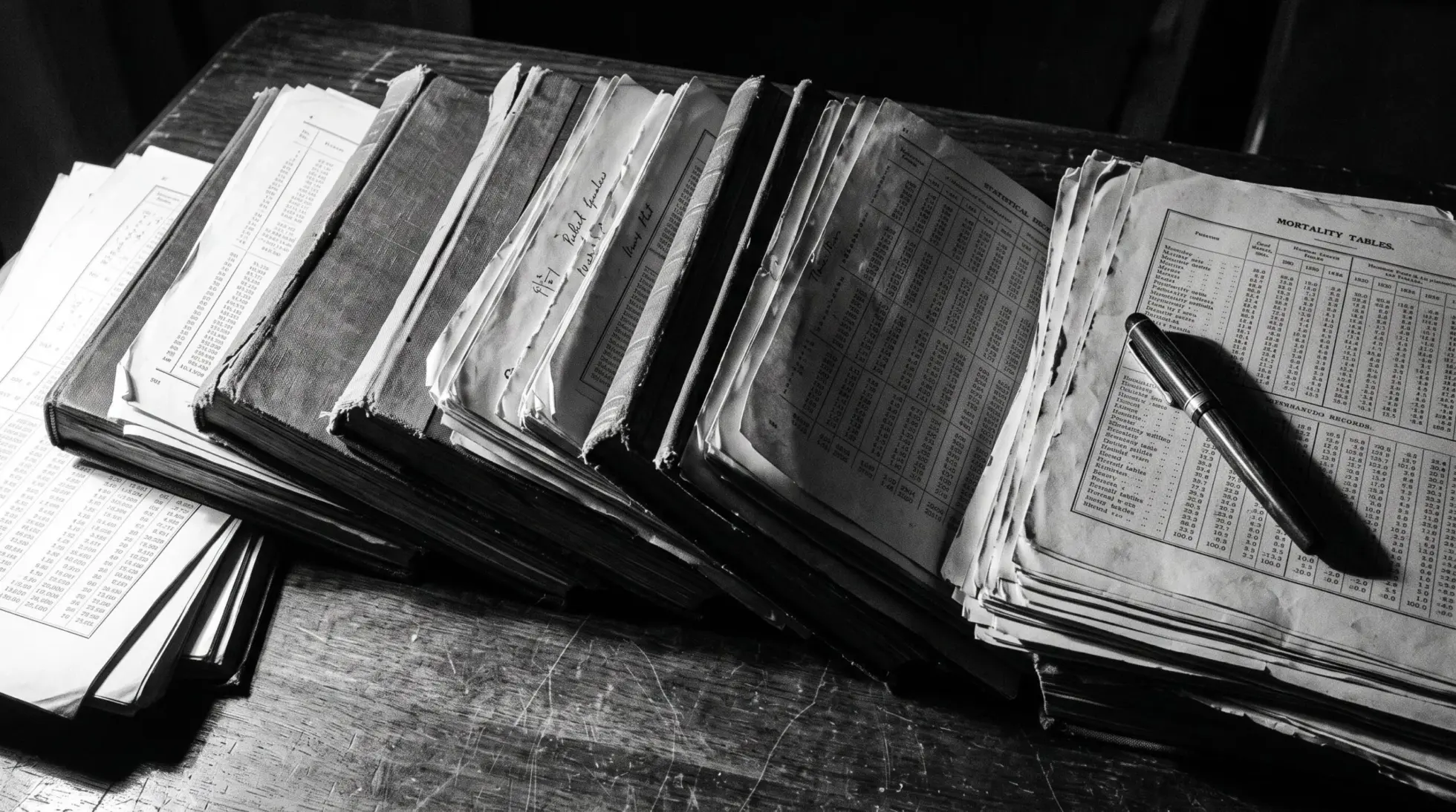 Black and white desk covered edge to edge with stacked mortality volumes and printed death records under harsh side light.