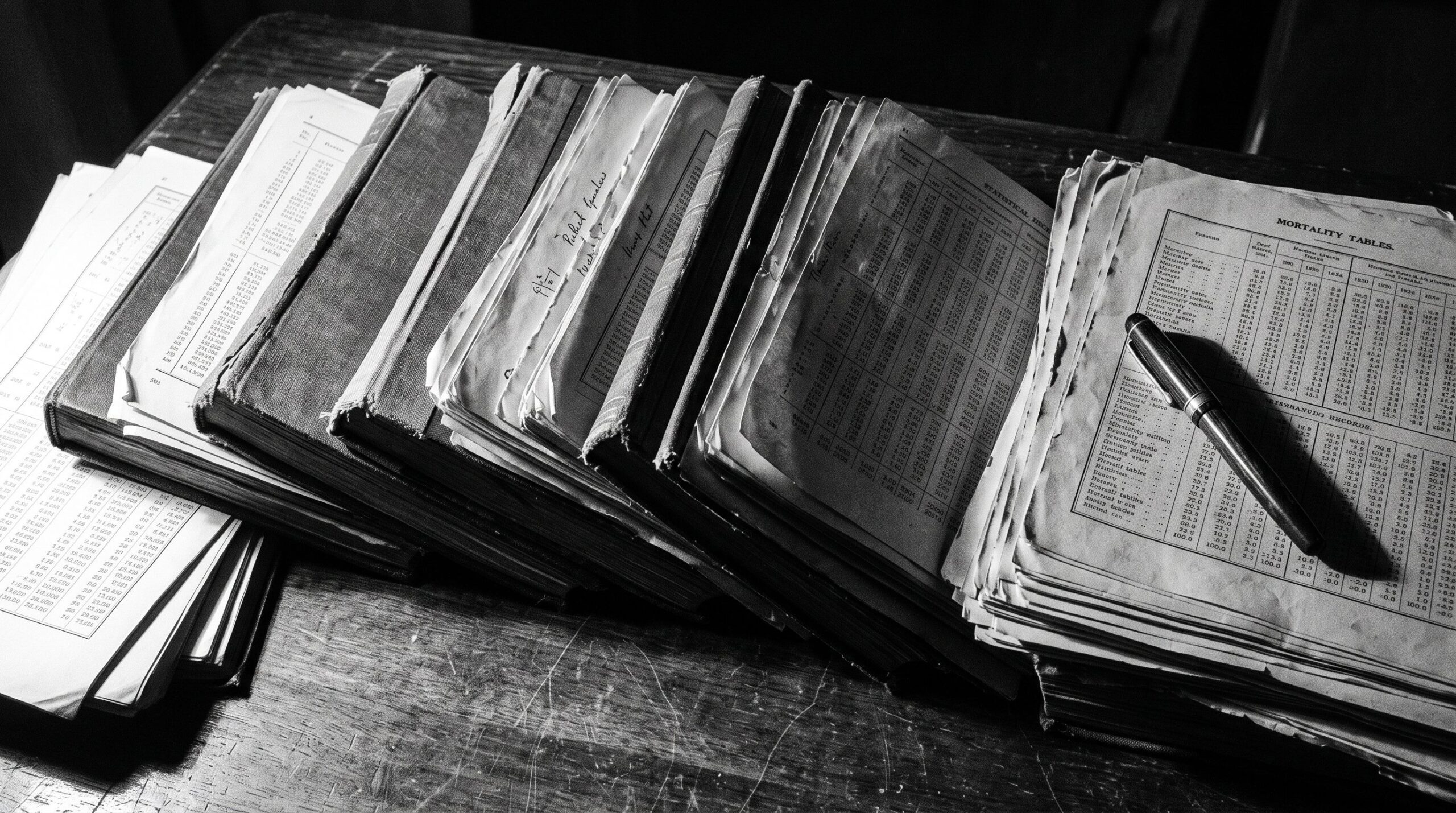 Black and white desk covered edge to edge with stacked mortality volumes and printed death records under harsh side light.