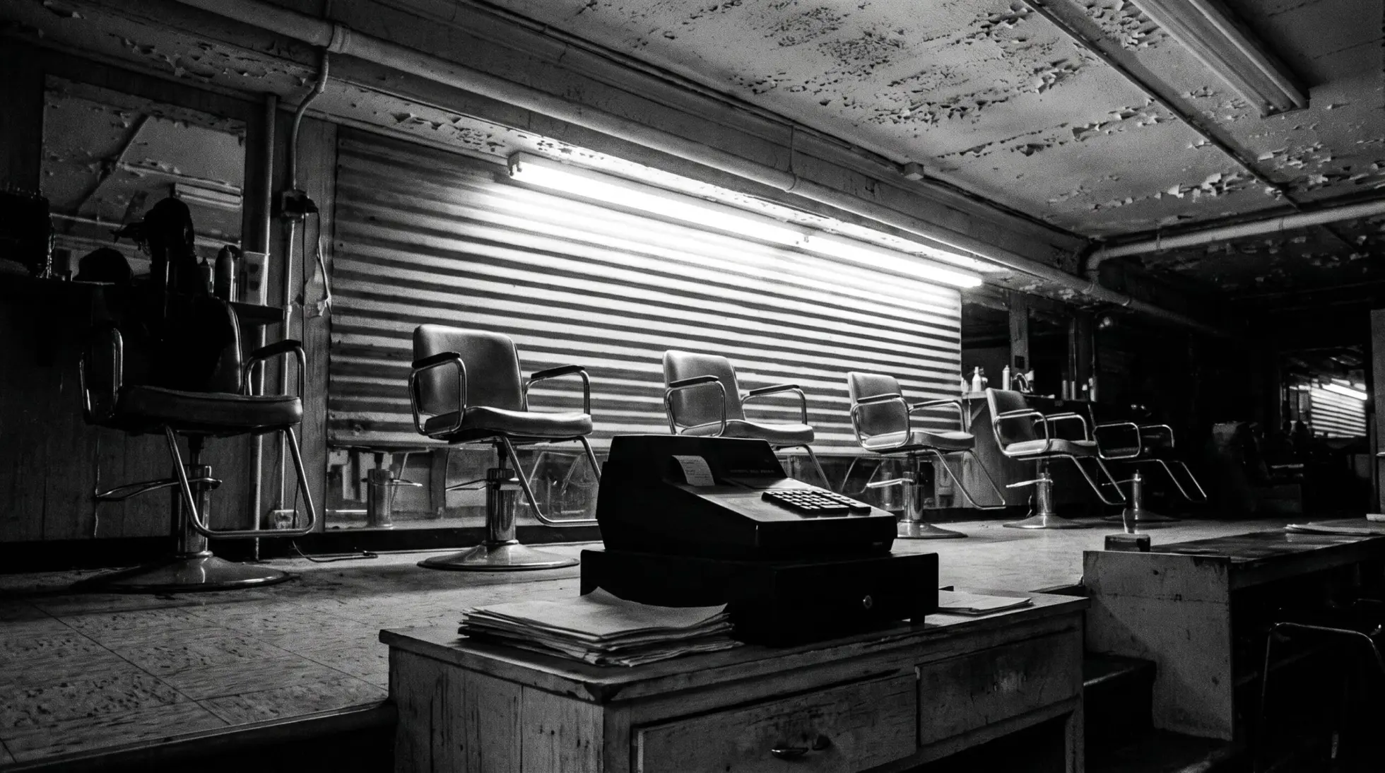 Empty hair salon in landscape, chairs left to right, till and invoices on the counter