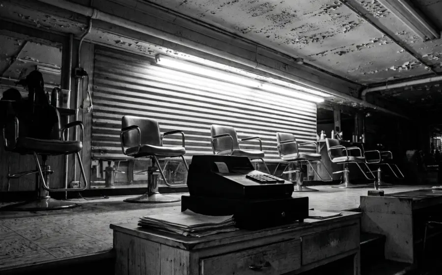Empty hair salon in landscape, chairs left to right, till and invoices on the counter