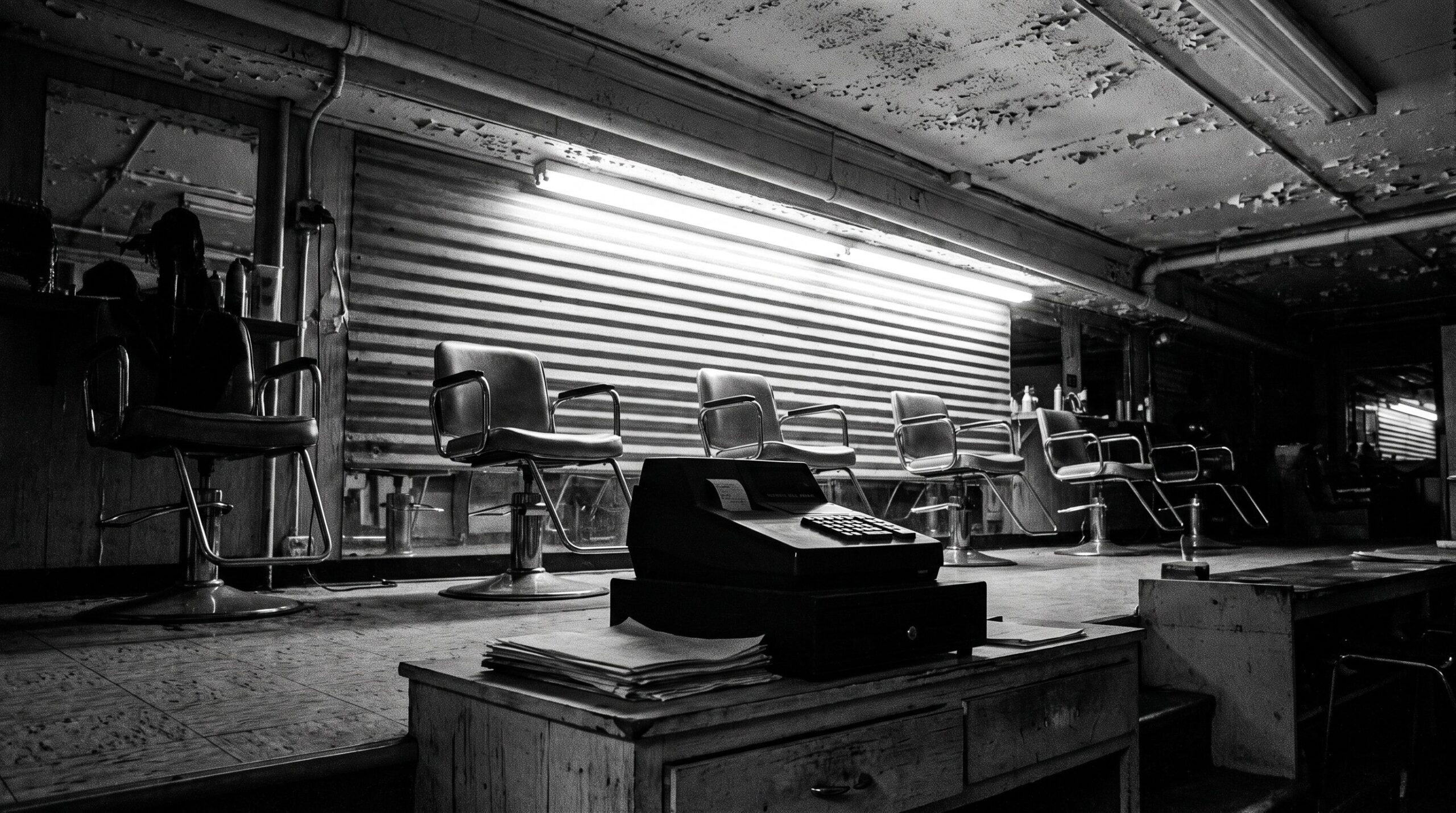 Empty hair salon in landscape, chairs left to right, till and invoices on the counter