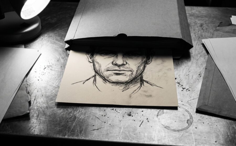 A charcoal composite sketch on a metal desk, half of the face lit by a lamp, the other half pushed under a closed folder