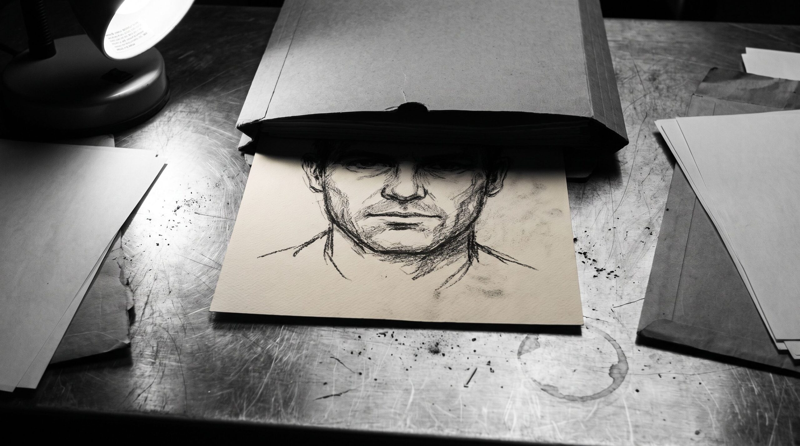 A charcoal composite sketch on a metal desk, half of the face lit by a lamp, the other half pushed under a closed folder