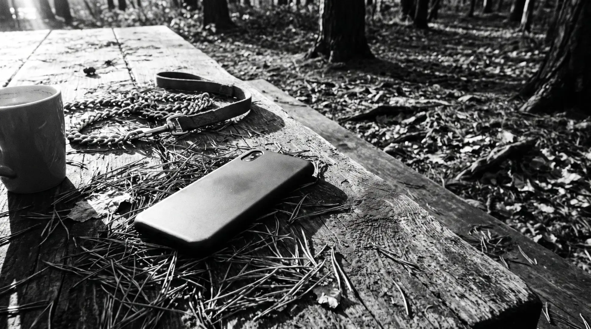 Abandoned face-down smartphone on a wooden forest-edge table beside a dog leash and coffee cup
