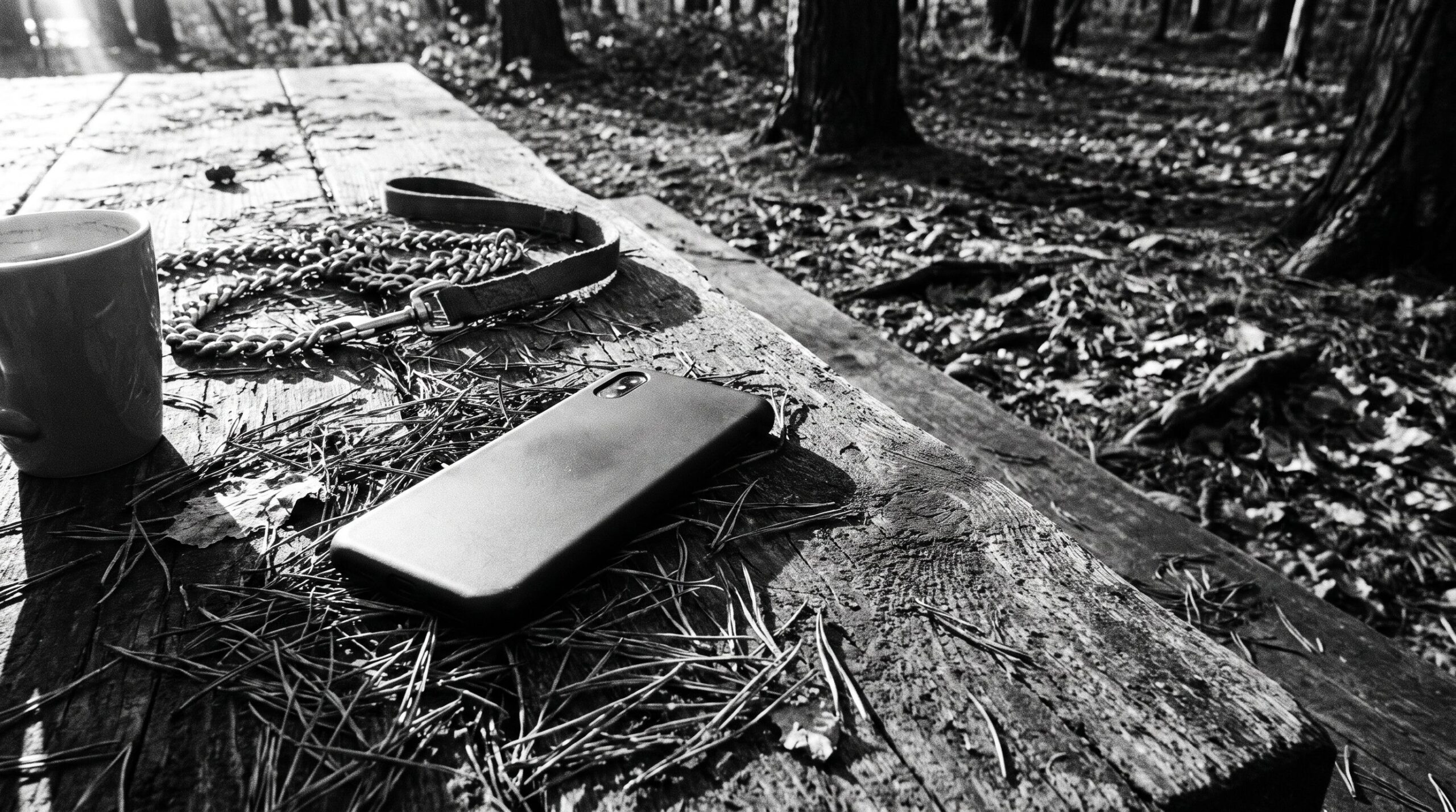 Abandoned face-down smartphone on a wooden forest-edge table beside a dog leash and coffee cup