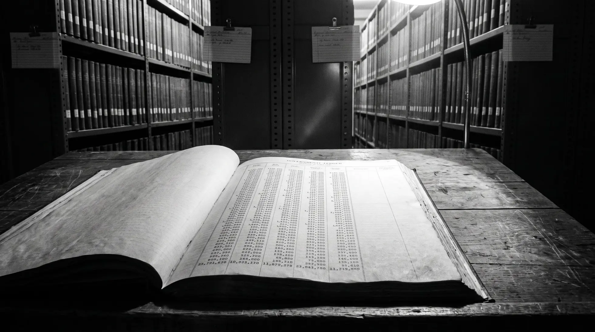 An open government ledger on a worn table in a records hall, its final column left empty, shelves of bound volumes behind