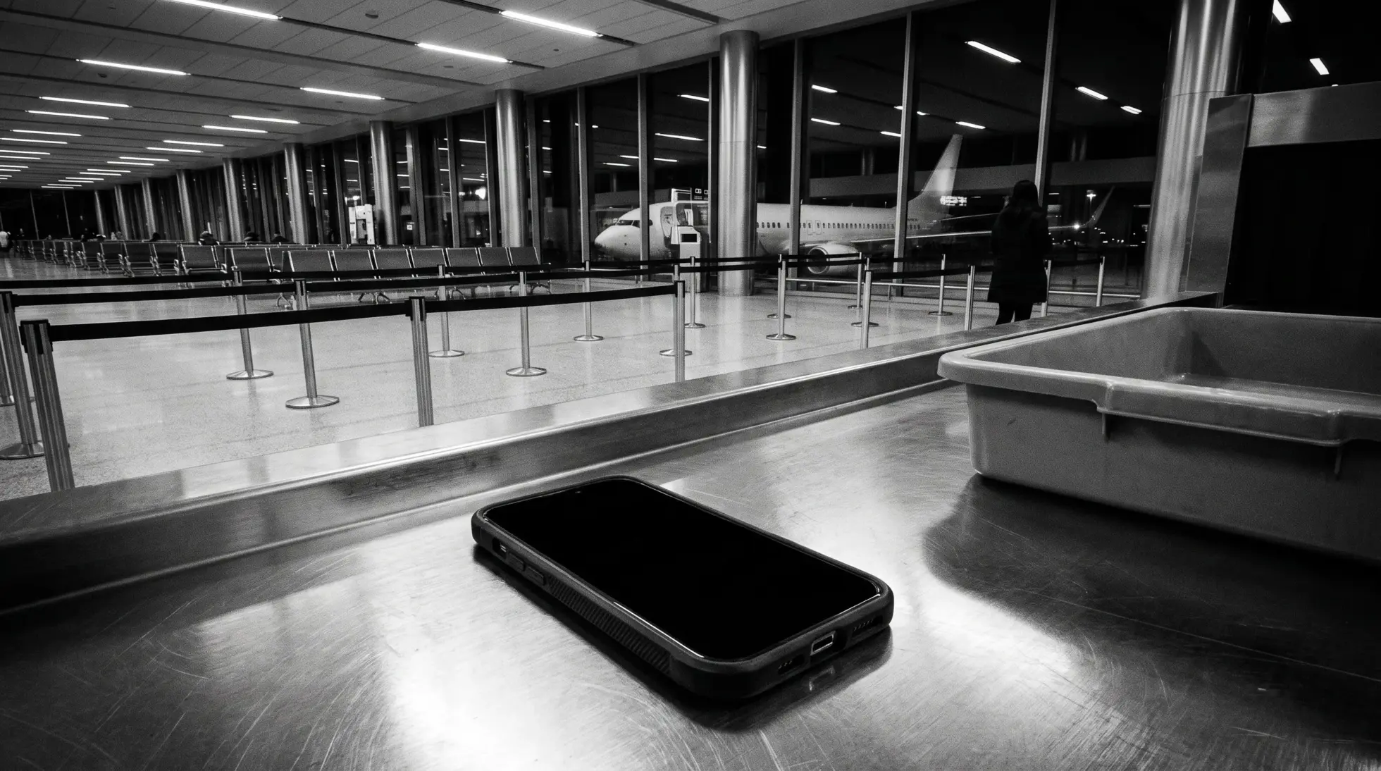 A smartphone lying alone on a steel airport security counter at night, a woman in the distance at the terminal window