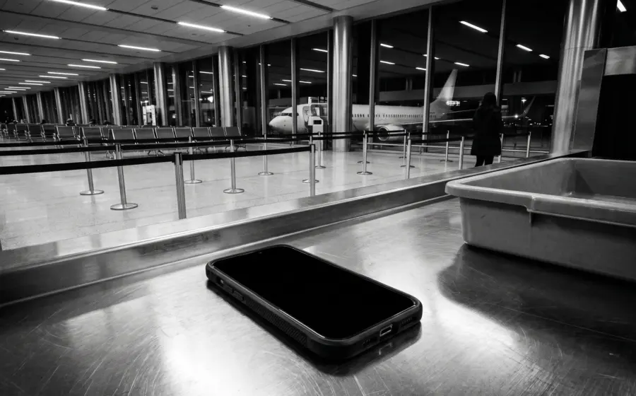A smartphone lying alone on a steel airport security counter at night, a woman in the distance at the terminal window