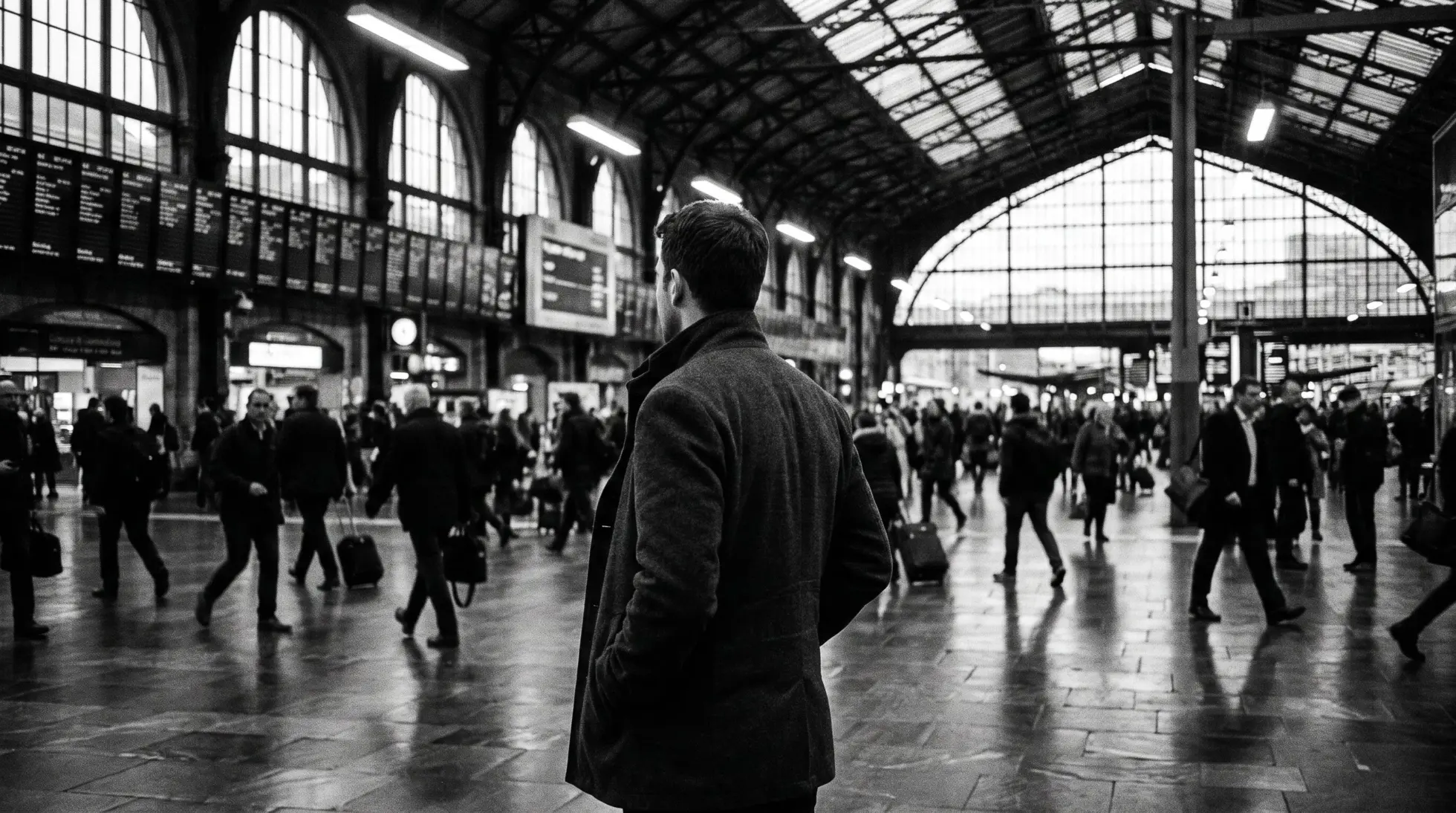 Evening crowd on a railway station concourse, a man in the foreground with one hand pushed deep into his jacket pocket