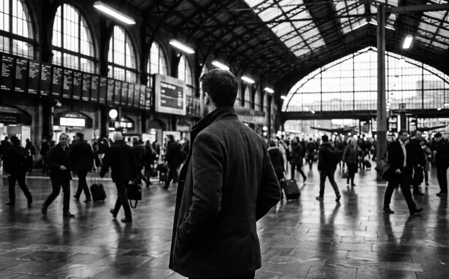 Evening crowd on a railway station concourse, a man in the foreground with one hand pushed deep into his jacket pocket