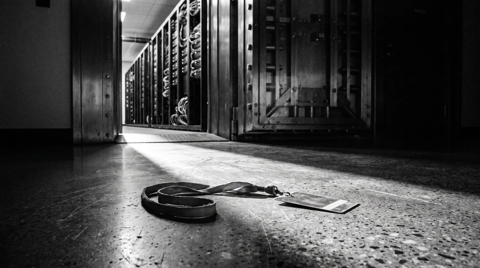 A dropped access badge on a concrete floor before an open vault door and rows of server racks, on borrowed credentials