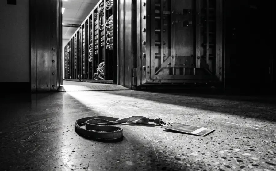 A dropped access badge on a concrete floor before an open vault door and rows of server racks, on borrowed credentials