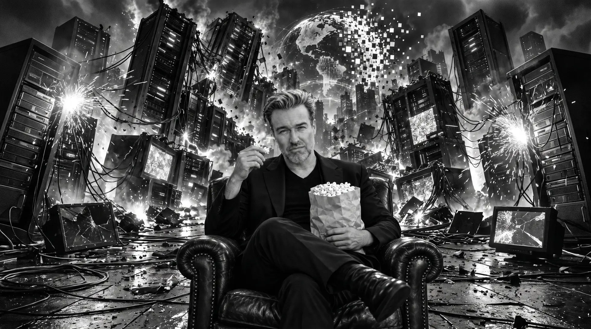 George A. Rauscher eating popcorn in a leather armchair while server racks collapse and a pixelated globe breaks apart