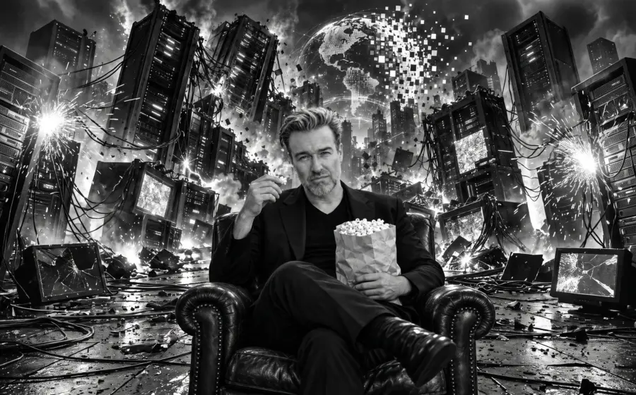 George A. Rauscher eating popcorn in a leather armchair while server racks collapse and a pixelated globe breaks apart