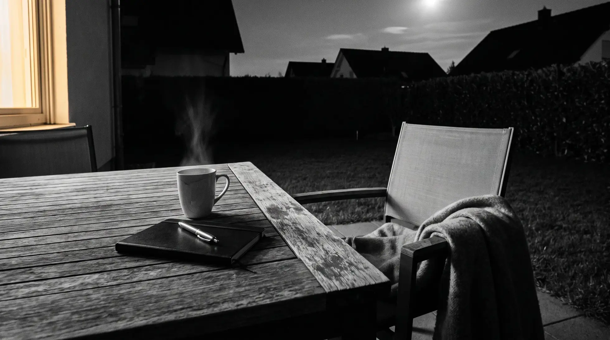 Steaming chamomile tea and a closed notebook on a garden table at 3 a.m., moonlit terrace, no phone in sight