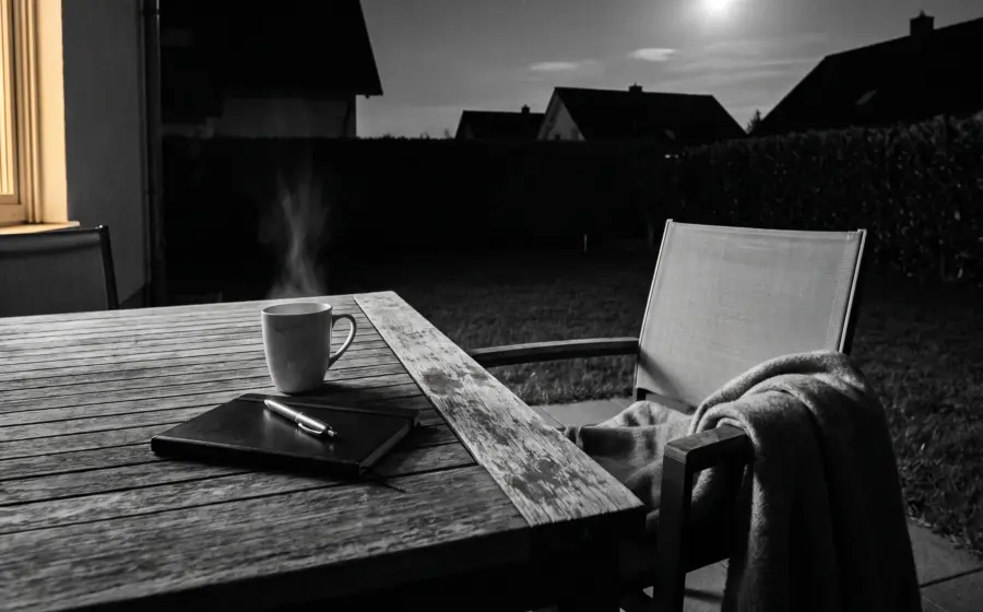 Steaming chamomile tea and a closed notebook on a garden table at 3 a.m., moonlit terrace, no phone in sight